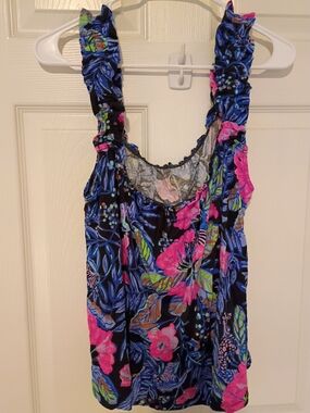 Lilly Pulitzer Black Floral Ruffle Strap Tank EUC XL